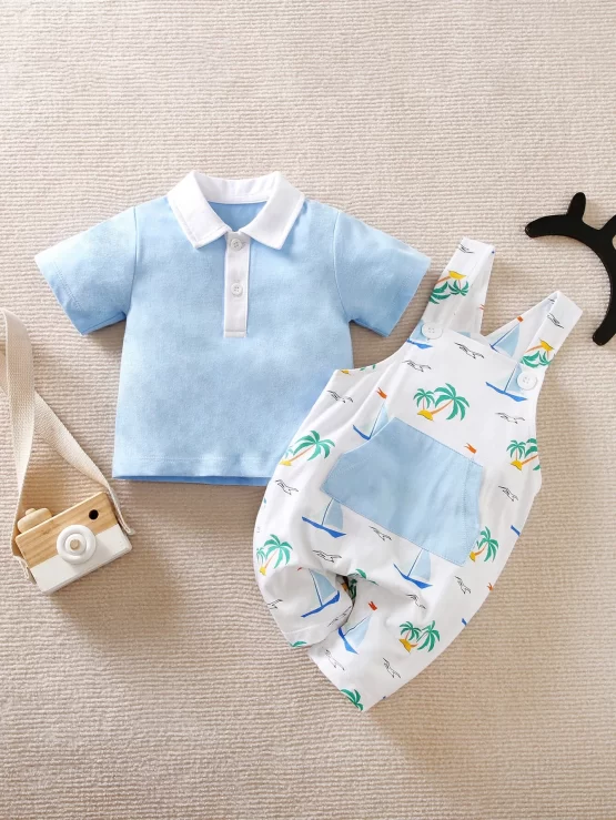 Yierying Baby Contrast Polo Neck Tee & Coconut Tree Print Overall Romper - Image 4