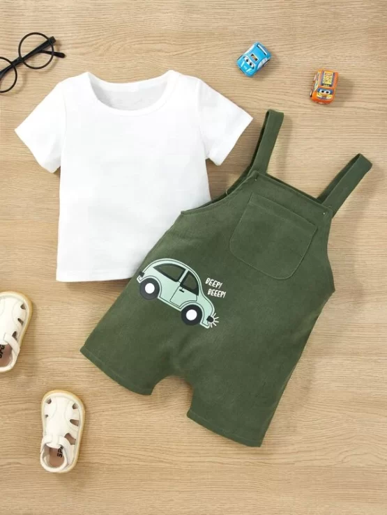 Baby Solid Tee & Car And Letter Graphic Overall Romper - Image 4
