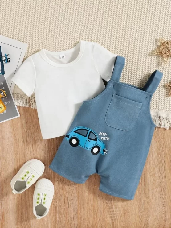 Baby Solid Tee & Car And Letter Graphic Overall Romper - Image 7