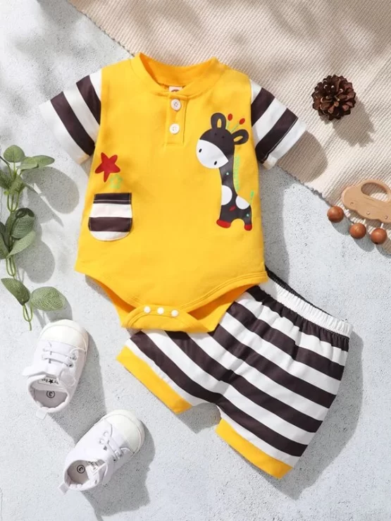 Baby Striped & Cartoon Graphic Patched Pocket Bodysuit & Shorts - Image 4