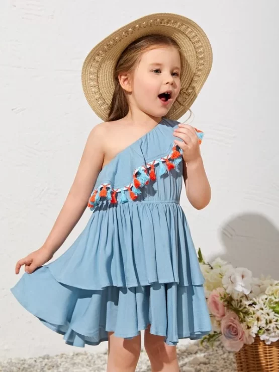 Toddler Girls One Shoulder Tassel Layered Hem Trim Dress
