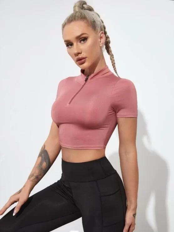 Solid Plain Collar Half Zipper Sports Crop Tee - Image 4