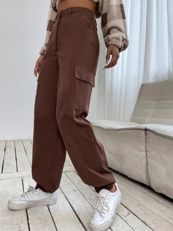 Flap Pocket Zipper Fly High Waist Side Cargo Pants