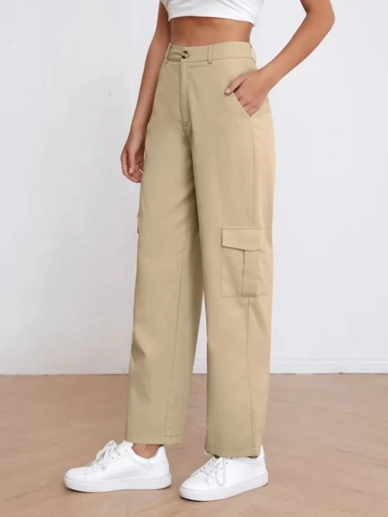 High Waist Button Pocket Zipper Fly Solid Cargo Pants