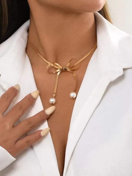 Fashionable Copper Bow Pearls Decor Necklace - Image 4
