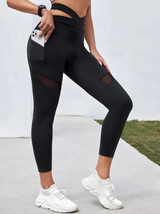 Breathable Softness Contrast Mesh Cut Out Waist Sports Leggings With Phone Pocket - Image 4