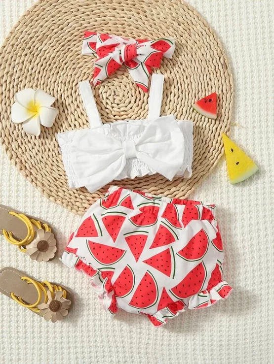 Baby Bow Shirred Frilled Cami Top & Watermelon Print Shorts & Headband - Image 4