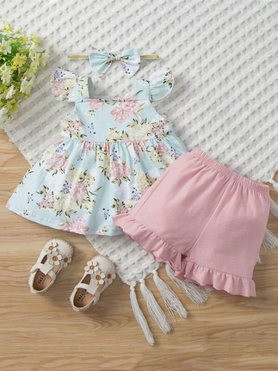 Baby Floral Print Flutter Sleeve Top & Ruffle Hem Shorts & Headband - Image 4