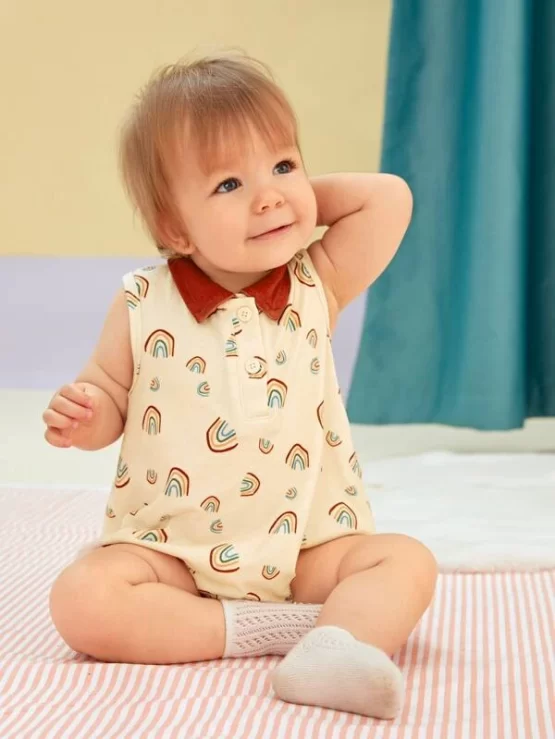 Baby Cartoon Graphic Polo Neck Pocket Button Front Bodysuit - Image 4