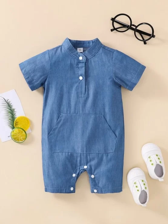 Baby Kangaroo Half Zip Pocket Button Romper - Image 4