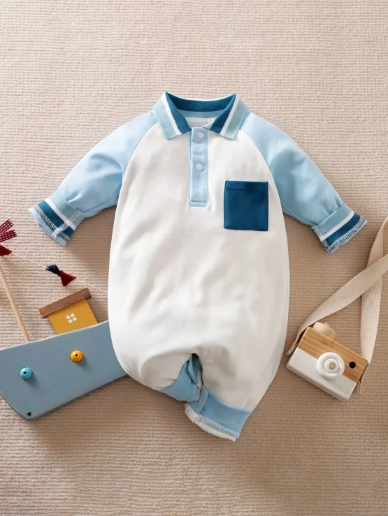 Yierying Baby Boys Patched Pocket Color Block Tee Jumpsuit
