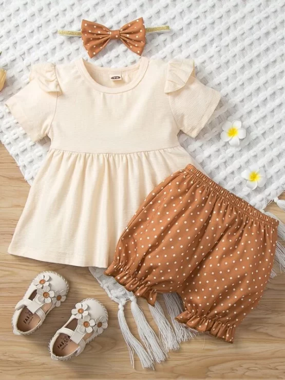Baby Ruffle Trim Peplum Top & Polka Dot Shorts With Headband - Image 4