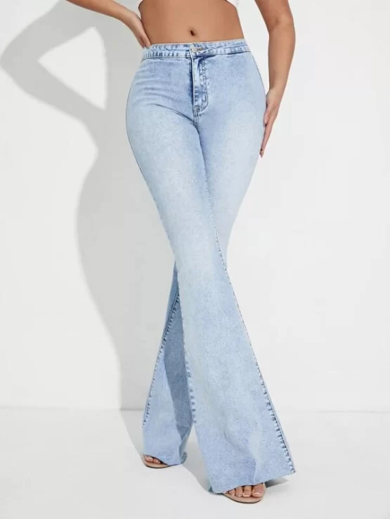 Raw Hem Button Pocket Zipper Flare Leg Jeans - Image 4