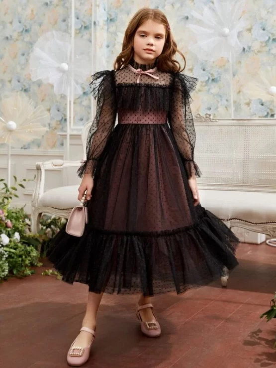 Girls 1pc Ruffle Dobby Mesh Overlay Trim Dress