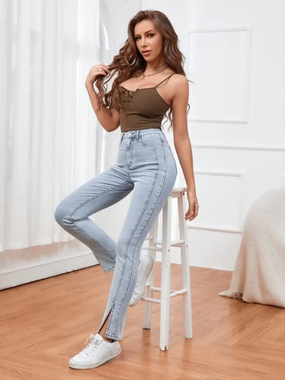 Light Washed Split Pocket Zipper Hem Skinny Jeans