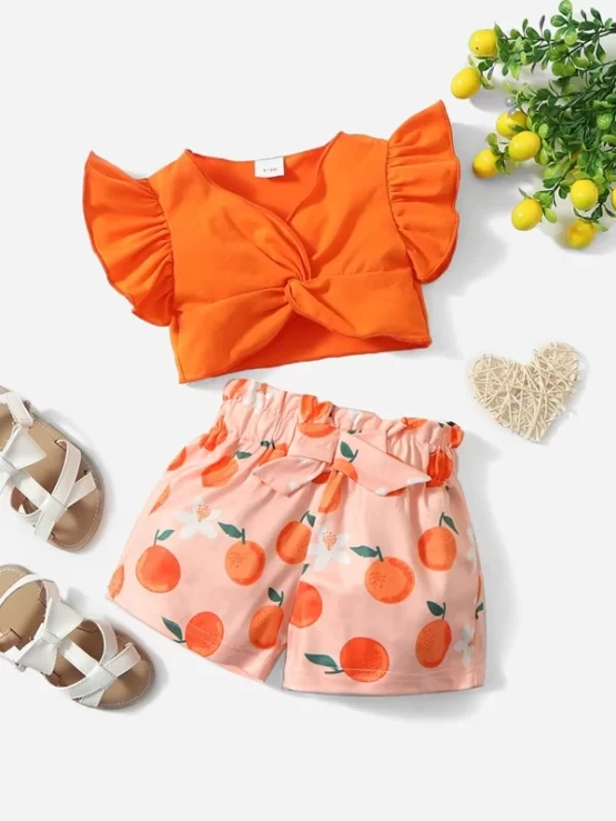 Baby Twist Flutter Sleeve Top & Orange Print Bow Paperbag Waist Shorts - Image 4