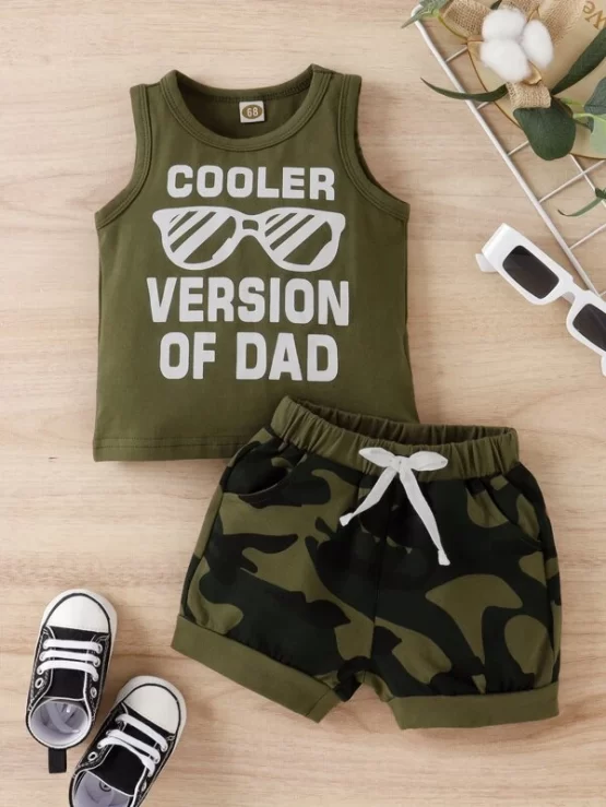 Baby Glasses And Slogan Graphic Tank Top & Camo Print Shorts