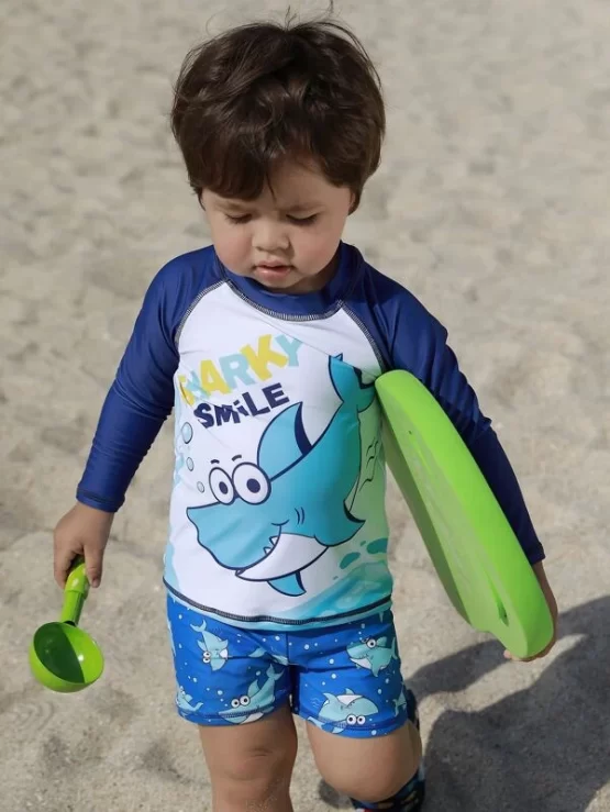 Baby Colorblock Shark Print One Piece Swimsuit - Image 4