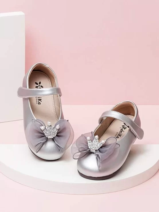 Girls Bow & Faux Pearl Decor Hook-and-loop Fastener Mary Jane Flats