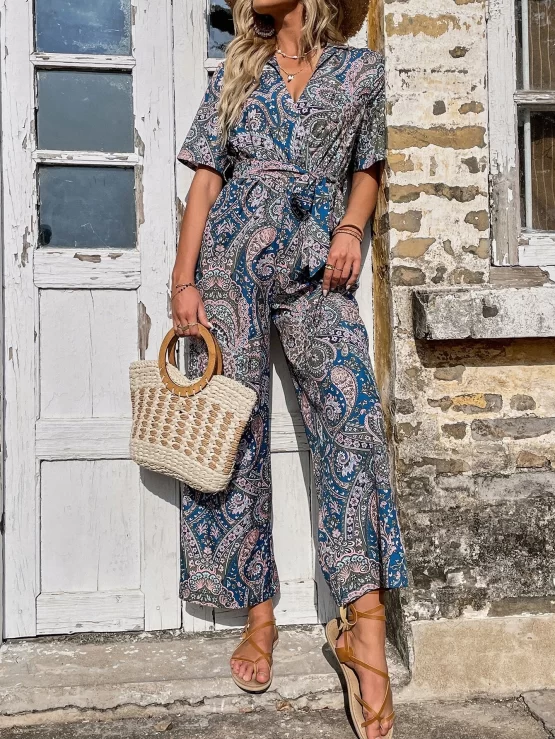 Floral & Paisley Print Belted Wide Leg Jumpsuit