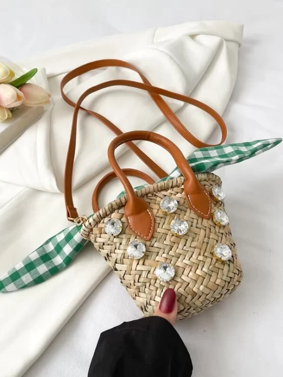 Gingham Print Rhinestone & Knot Straw Decor Bag