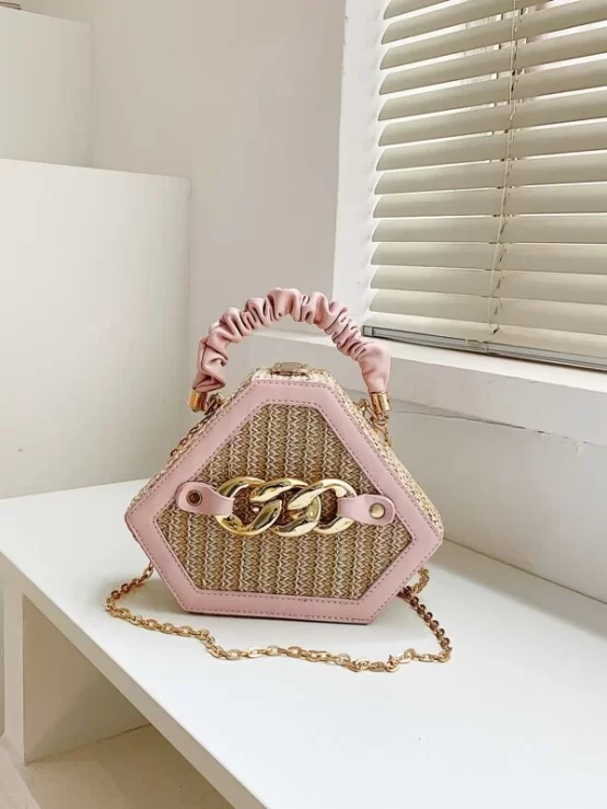 Chain Decor Geometric Design Strap Straw Ruched Bag - Image 4