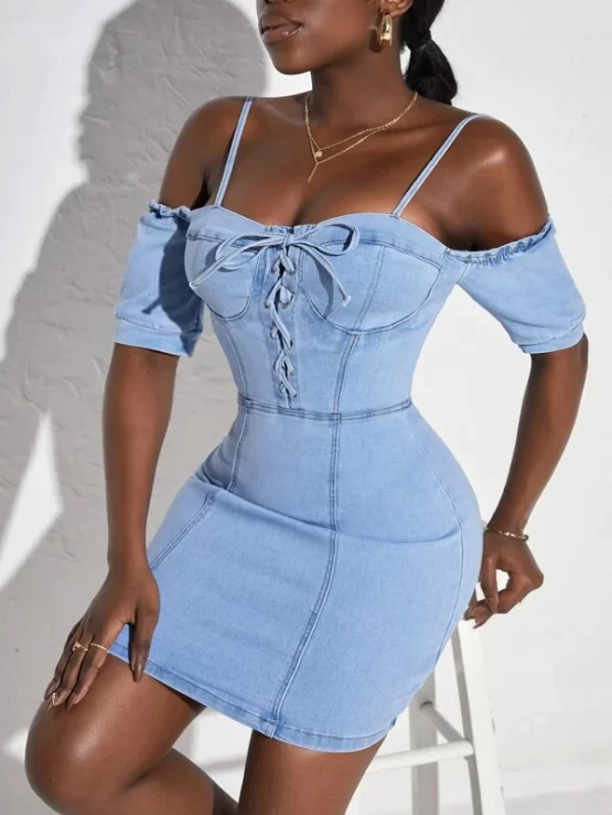 Cold Shoulder Lace Up Front Bustier Denim Bodycon Dress