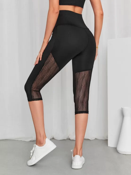 EMERY ROSE Contrast Mesh Wideband Waist Capris Leggings - Image 4