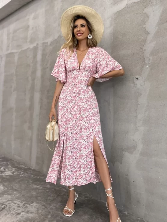Floral All Over Print Butterfly Split Sleeve Dress - Image 4