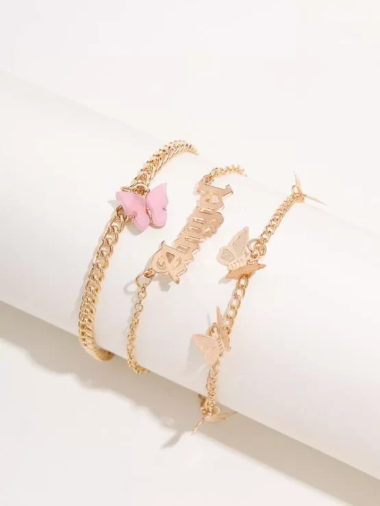 Three Pieces Butterfly Charm Chain Anklet - Image 3