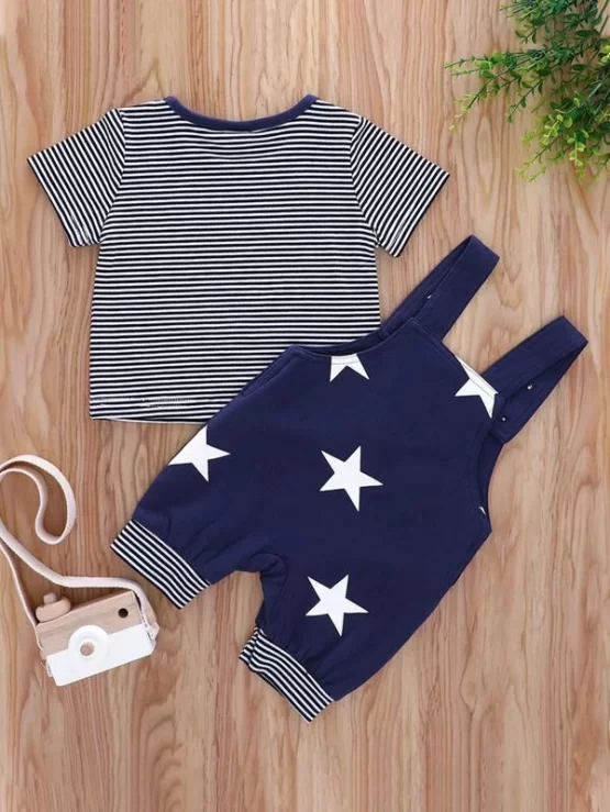 Baby Boy Striped Tee & Star Print Overall Jumpsuit - Image 2