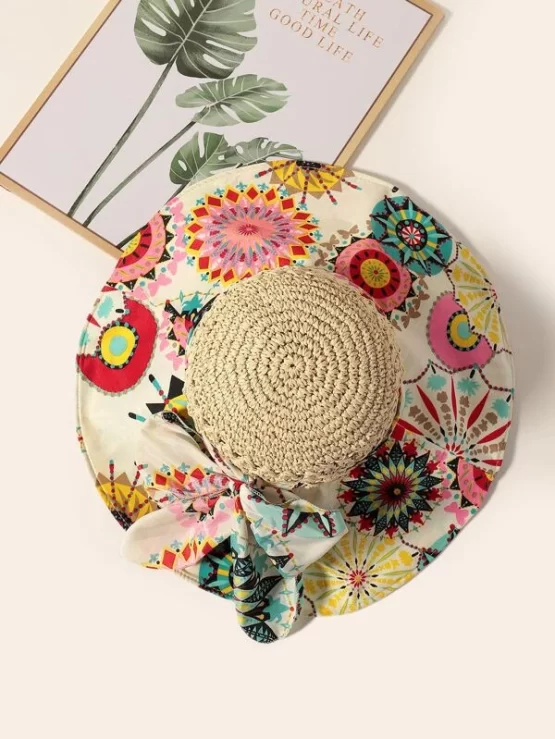One Piece Boho Multicolor Graphic Straw Hat - Image 3