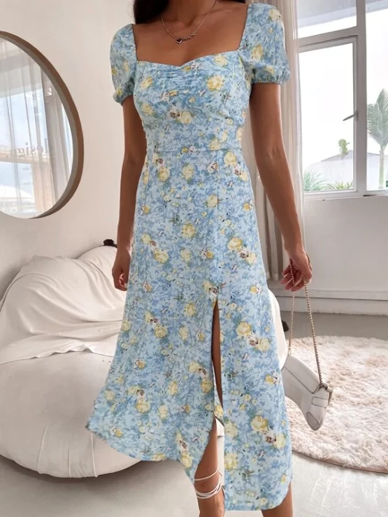 Floral All Over Print Sweetheart Split Thigh Dress - Image 3