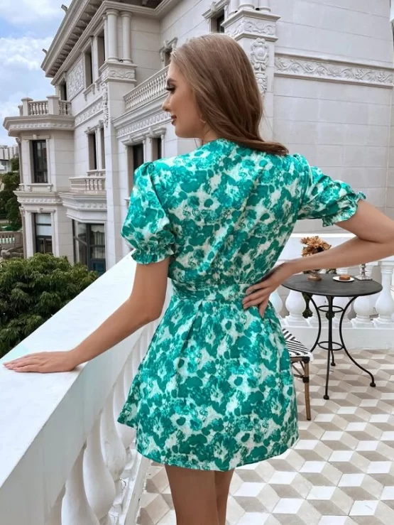All Over Print Ruffle Tie Front A-line Dress - Image 2