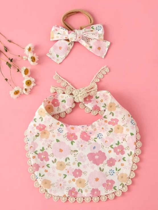 Baby Two Pieces Floral Pattern Bib & Headband - Image 2