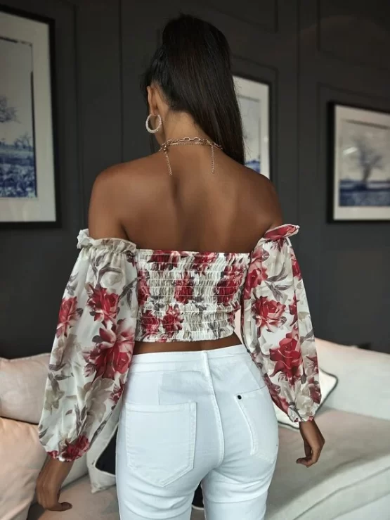 Floral Print Tie Front Off Shoulder Crop Shirred Blouse - Image 2
