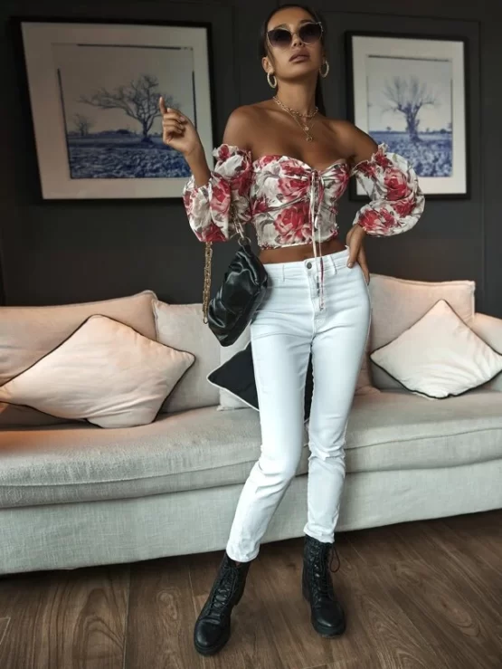 Floral Print Tie Front Off Shoulder Crop Shirred Blouse - Image 3