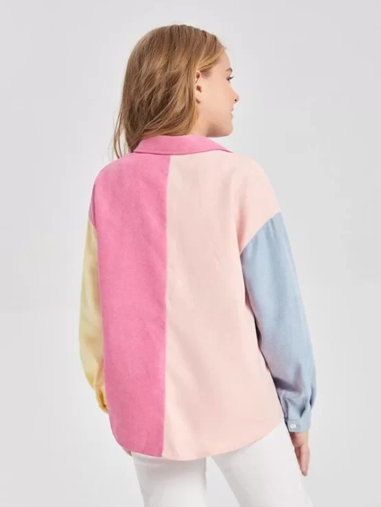 Girls Casual Color Block Pocket Button Front Blouse - Image 3