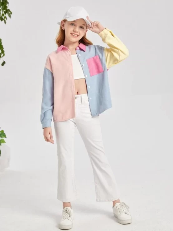 Girls Casual Color Block Pocket Button Front Blouse - Image 2