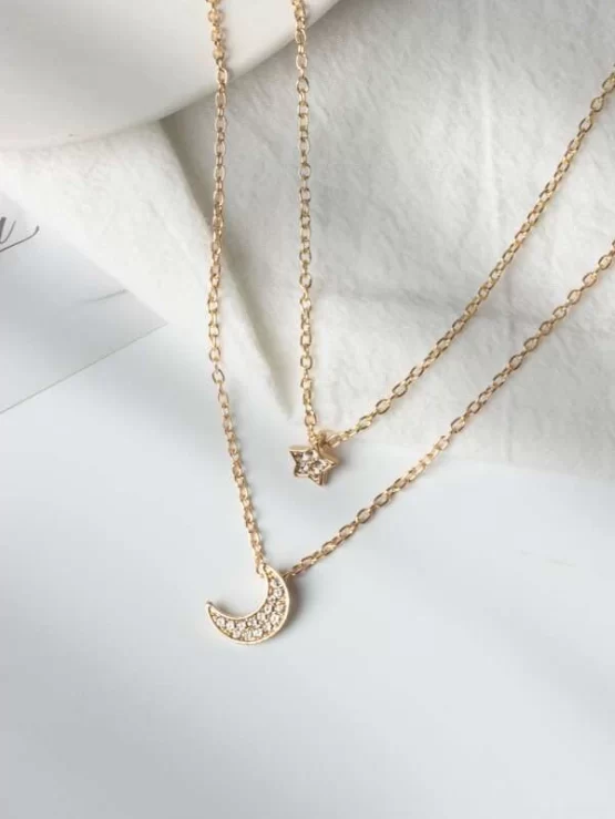 Rhinestone Fashionable Moon & Star Charm Necklace - Image 3