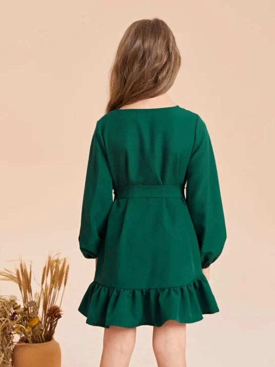 Girls Lantern Ruffle Hem Belted Sleeve Dress - Image 2