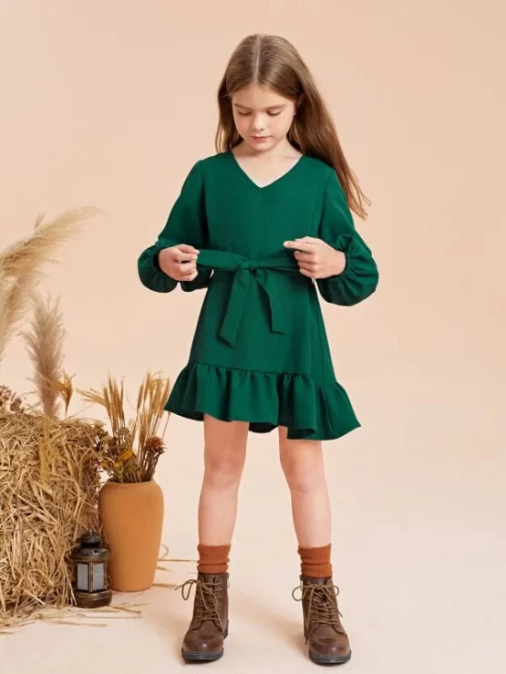 Girls Lantern Ruffle Hem Belted Sleeve Dress - Image 3