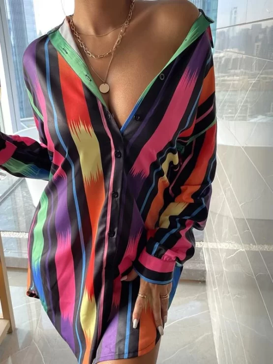 Colorful Casual Button Front Striped Shirt Dress