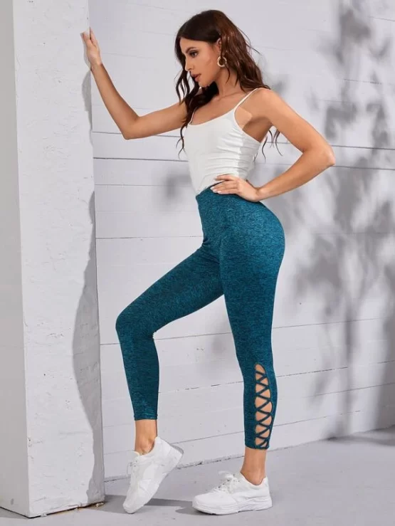 Criss Cross Plain Casual High Waist Sports Leggings - Image 2