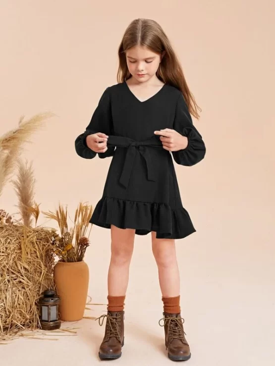 Girls Lantern Ruffle Hem Belted Sleeve Dress - Image 5