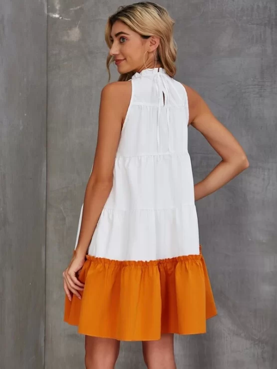 Contrast Panel Frill Ruffle Hem Trim Sleeveless Dress - Image 2