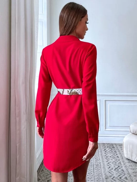Elegant Argyle & Chain Print Belted Shirt Dress - Image 2