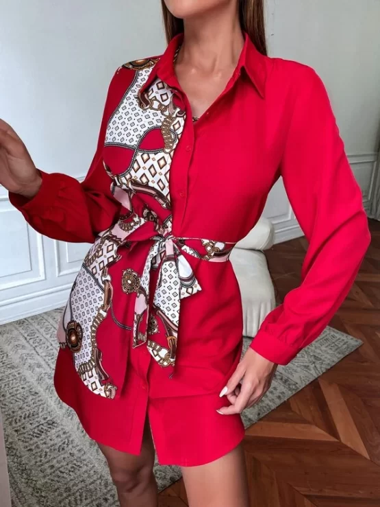 Elegant Argyle & Chain Print Belted Shirt Dress - Image 3