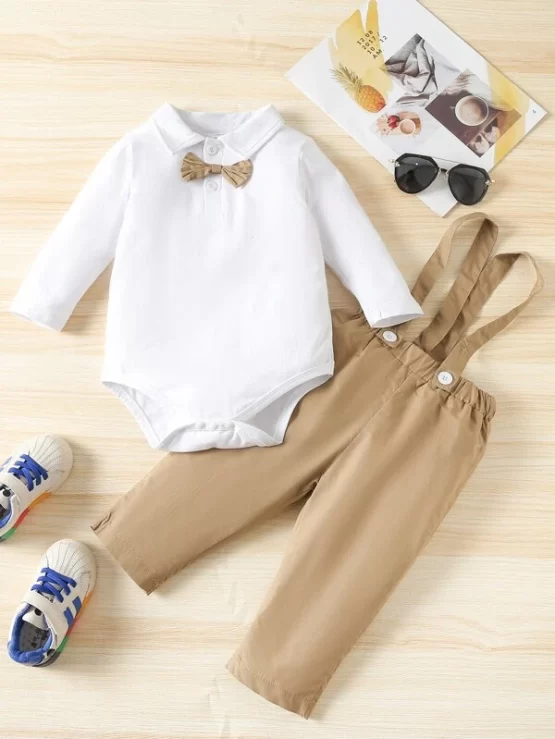 Baby Bow Front Polo Neck Bodysuit & Suspender Pants - Image 2