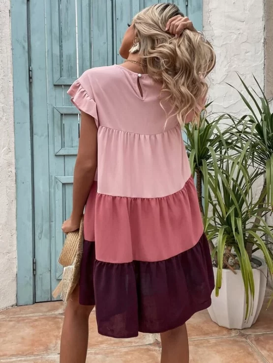 Color Block Flounce Sleeve Ruffle Hem Chiffon Smock Dress - Image 3